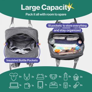 Elm mart BabbleRoo Diaper Bag Backpack - Multi function Waterproof Diaper Bag, Travel Essentials Baby Tote with Changing Pad, Stroller Straps & Pacifier Case - Unisex, Dark Gray