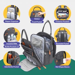 Elm mart BabbleRoo Diaper Bag Backpack - Multi function Waterproof Diaper Bag, Travel Essentials Baby Tote with Changing Pad, Stroller Straps & Pacifier Case - Unisex, Dark Gray