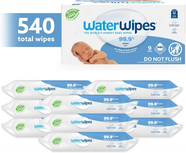 elm mart WaterWipes Plastic-Free Original-baby Wipes, 99.9% Water Based Wipes, Unscented & Hypoallergenic for Sensitive Skin, 60 Count (Pack of 9) Total 540 wipes