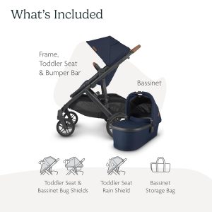 elm mart UPPAbaby Vista V2 Stroller / Convertible Single-To-Double System / Bassinet, Toddler Seat, Bug Shield, Rain Shield, and Storage Bag Included / Noa (Navy/Carbon Frame/Saddle Leather)