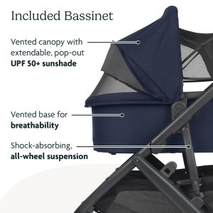 elm mart UPPAbaby Vista V2 Stroller / Convertible Single-To-Double System / Bassinet, Toddler Seat, Bug Shield, Rain Shield, and Storage Bag Included / Noa (Navy/Carbon Frame/Saddle Leather)