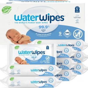 elm mart WaterWipes Plastic-Free Original-baby Wipes, 99.9% Water Based Wipes, Unscented & Hypoallergenic for Sensitive Skin, 60 Count (Pack of 9) Total 540 wipes