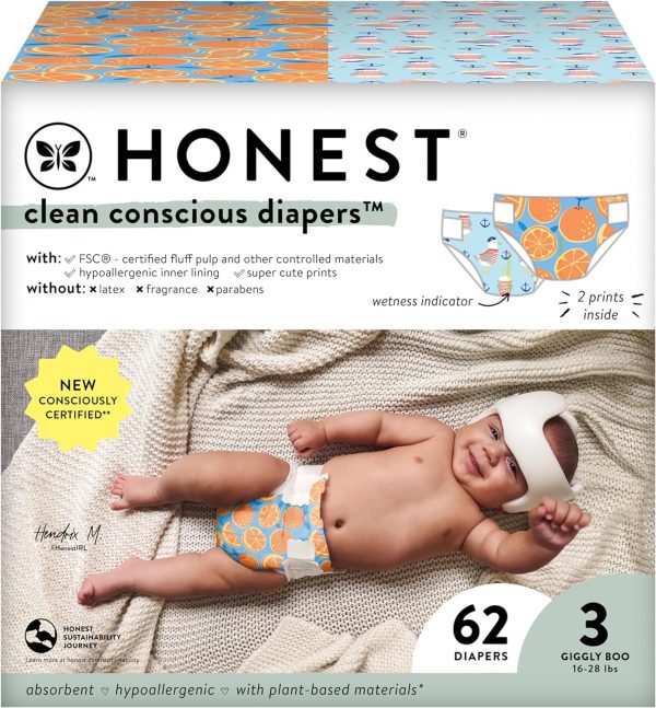 Elm mart The Honest Company Clean Conscious Diapers | Plant-Based, Sustainable | Orange You Cute + Feeling Nauti | Club Box, Size 3 (16-28 lbs), 62 Count