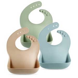 elm mart PandaEar Set of 3 Silicone Baby Bibs Waterproof, Soft, Unisex, 10-72 Months (Brown/Blue/Green)