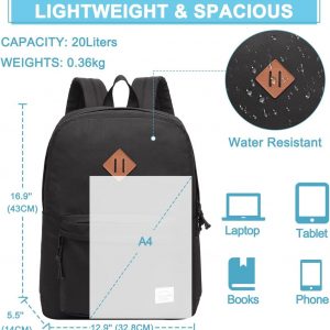 Elm Mart VASCHY Lightweight Backpack for School, Classic Basic Water Resistant Casual Daypack for Travel with Bottle Side Pockets (Black)