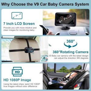 Elm mart Elmmart DoHonest Baby Car Camera 7-Inch: USB Plug and Play Easy Setup 360° Rotating Backseat Camera Two Kids HD 1080P Rear Facing Car Seat Camera Clear Night Vision -V9