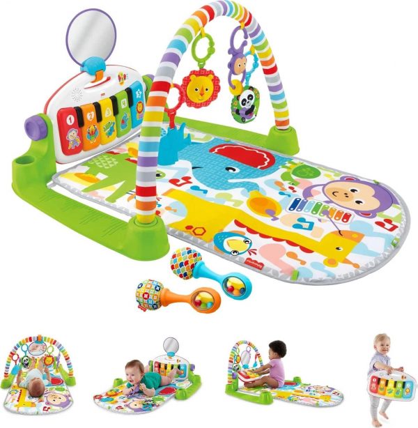 elm mart Fisher-Price Baby Playmat Deluxe Kick & Play Piano Gym Learning Toy & 2 Maracas Soft Rattles for Newborn to Toddler Play Ages 0+ Months