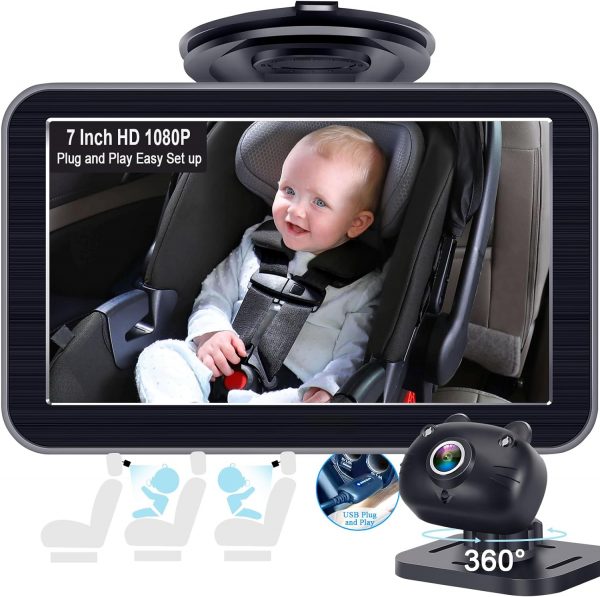 Elmmart DoHonest Baby Car Camera 7-Inch: USB Plug and Play Easy Setup 360° Rotating Backseat Camera Two Kids HD 1080P Rear Facing Car Seat Camera Clear Night Vision -V9