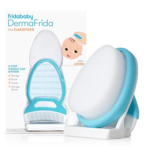 Elm mart Frida Baby The 3-Step Cradle Cap System, DermaFrida The FlakeFixer, Sponge, Brush, Comb and Storage Stand for Babies with Cradle Cap, White-Blue