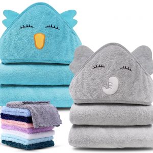 elmmart Cute Castle 2 Pack Hooded Baby Towel Rayon Made from Bamboo and 8 Washcloths - Lovely Elephant, Happy Bird