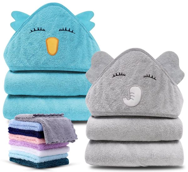 elmmart Cute Castle 2 Pack Hooded Baby Towel Rayon Made from Bamboo and 8 Washcloths - Lovely Elephant, Happy Bird