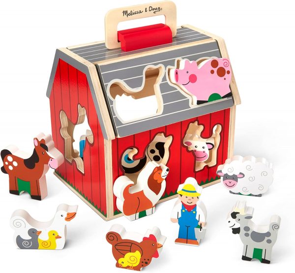 Elm Mart Melissa & Doug Wooden Take-Along Barn Toy with Flip-Up Roof and Handle, 10 Farm Play Pieces, Shape Sorting And Stacking Learning Toys For Toddlers And Kids Ages 2+