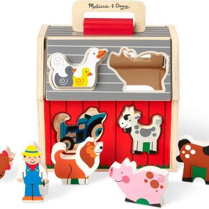 Elm Mart Melissa & Doug Wooden Take-Along Barn Toy with Flip-Up Roof and Handle, 10 Farm Play Pieces, Shape Sorting And Stacking Learning Toys For Toddlers And Kids Ages 2+