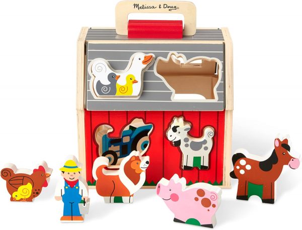 Elm Mart Melissa & Doug Wooden Take-Along Barn Toy with Flip-Up Roof and Handle, 10 Farm Play Pieces, Shape Sorting And Stacking Learning Toys For Toddlers And Kids Ages 2+