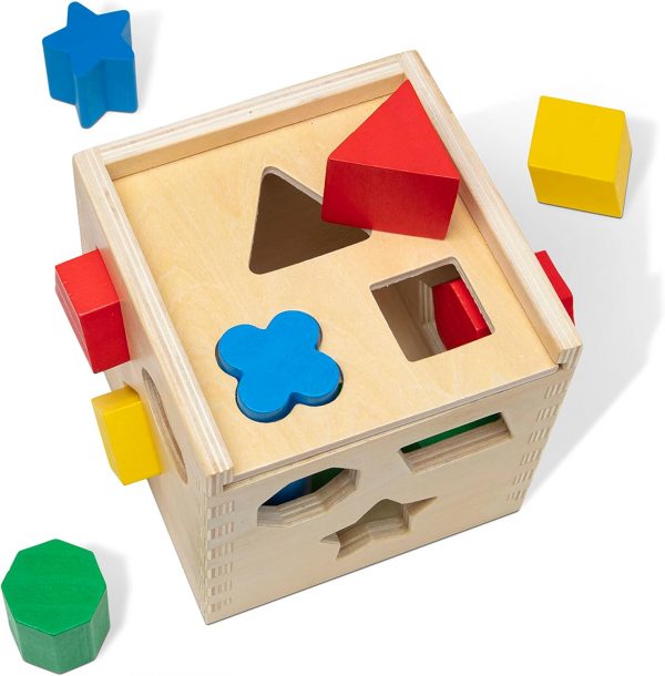 Elm Mart Melissa & Doug Shape Sorting Cube - Classic Wooden Toy With 12 Shapes