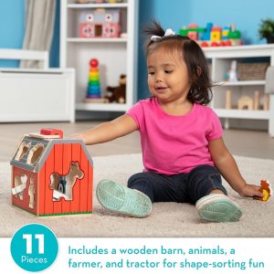 Elm Mart Melissa & Doug Wooden Take-Along Barn Toy with Flip-Up Roof and Handle, 10 Farm Play Pieces, Shape Sorting And Stacking Learning Toys For Toddlers And Kids Ages 2+