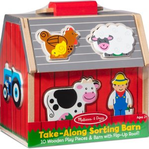 Elm Mart Melissa & Doug Wooden Take-Along Barn Toy with Flip-Up Roof and Handle, 10 Farm Play Pieces, Shape Sorting And Stacking Learning Toys For Toddlers And Kids Ages 2+