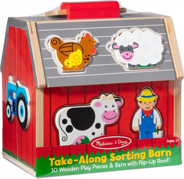 Elm Mart Melissa & Doug Wooden Take-Along Barn Toy with Flip-Up Roof and Handle, 10 Farm Play Pieces, Shape Sorting And Stacking Learning Toys For Toddlers And Kids Ages 2+