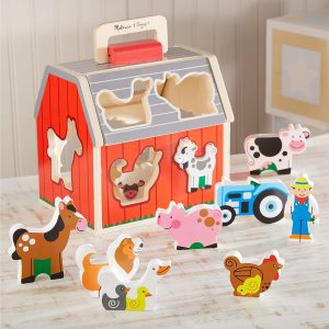 Elm Mart Melissa & Doug Wooden Take-Along Barn Toy with Flip-Up Roof and Handle, 10 Farm Play Pieces, Shape Sorting And Stacking Learning Toys For Toddlers And Kids Ages 2+