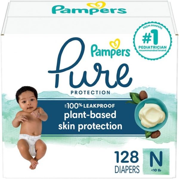 Elm Mart Pampers Pure Protection Diapers Newborn - Size 0, 128 Count, Hypoallergenic Premium Disposable Baby Diapers