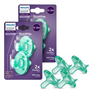 Elm Mart Philips Avent Soothie Orthodontic Baby Pacifiers, 100% Silicone Pacifiers, One Piece, BPA-Free, for Babies 0-3 Months, Green, 4 Pack, Model SCF190/41