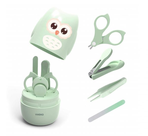 Elm Mart Baby Nail Kit, 4-in-1 Baby Nail Care Set with Cute Case, Baby Nail Clippers, Scissors, Nail File & Tweezers, Baby Manicure Kit and Pedicure kit for Newborn, Infant, Toddler, Kids-Owl Green