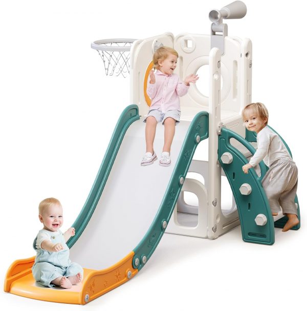 Elm Mart 6 in 1 Toddler Slide for Toddlers Age 1-3, Extra-Long Slide with Basketball Hoop Indoor and Outdoor Baby Climber Playset Playground Freestanding Slide (White+Orange)