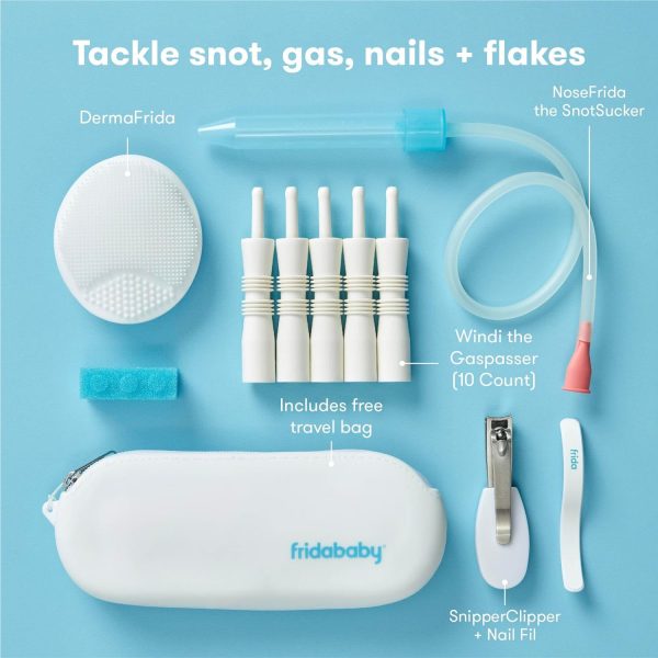 Elm Mart Frida Baby Basics Kit, Baby Essentials Kit Includes Nasal Aspirator Snotsucker, NailFrida Nail Files, Windi Gas Relief, DermaFrida Bath Brush + Silicone Carry Case