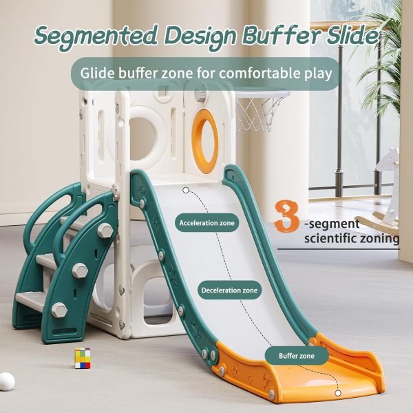 Elm Mart 6 in 1 Toddler Slide for Toddlers Age 1-3, Extra-Long Slide with Basketball Hoop Indoor and Outdoor Baby Climber Playset Playground Freestanding Slide (White+Orange)