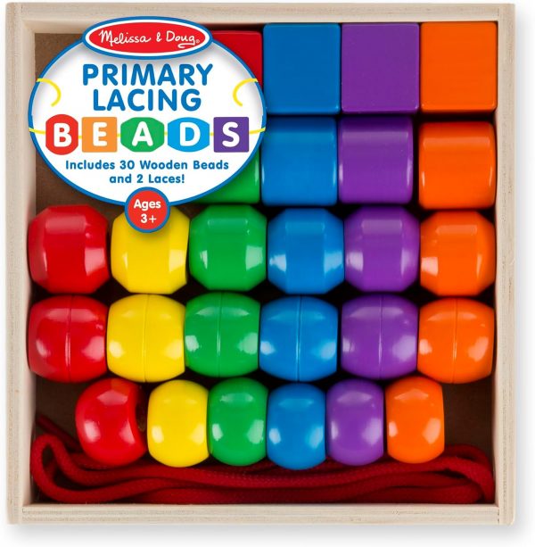 Elm Mart Melissa & Doug Primary Lacing Beads - Educational Toy With 30 Wooden Beads and 2 Laces Beads For Toddlers, Fine Motor Skills Lacing Toys For Toddlers And Kids Ages 3+