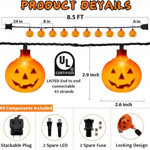 Elm Mart Halloween Pumpkin String Lights, 8.5 Ft Halloween String Lights with 10 LEDs Jack O Lantern Pumpkin Lights Orange Halloween Lights for Indoor Outdoor Party Halloween Decor