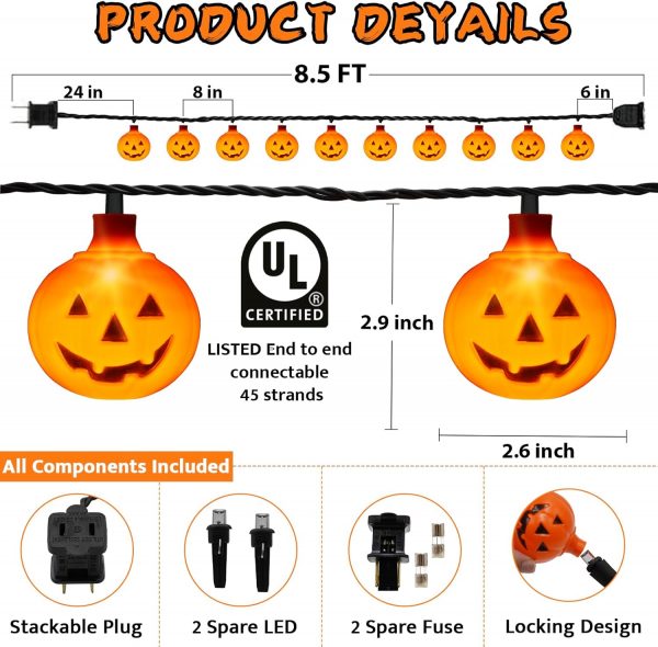 Elm Mart Halloween Pumpkin String Lights, 8.5 Ft Halloween String Lights with 10 LEDs Jack O Lantern Pumpkin Lights Orange Halloween Lights for Indoor Outdoor Party Halloween Decor