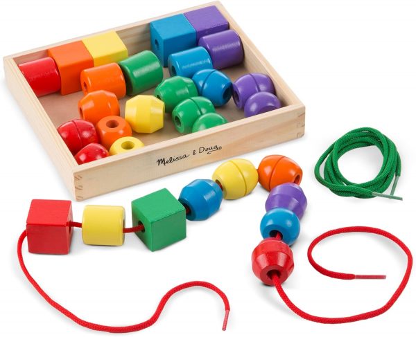 Elm Mart Melissa & Doug Primary Lacing Beads - Educational Toy With 30 Wooden Beads and 2 Laces Beads For Toddlers, Fine Motor Skills Lacing Toys For Toddlers And Kids Ages 3+