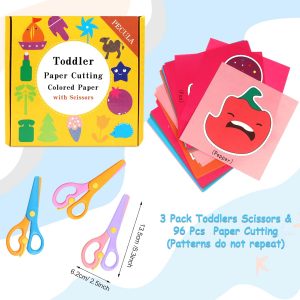 Elm Mart Safety Scissors For Toddler, Kids, Children - Plastic, Dual-Color Preschool Training Scissors(3 Pack), Paper Cutting(96 Pcs) Set For Paper Craft Supplies