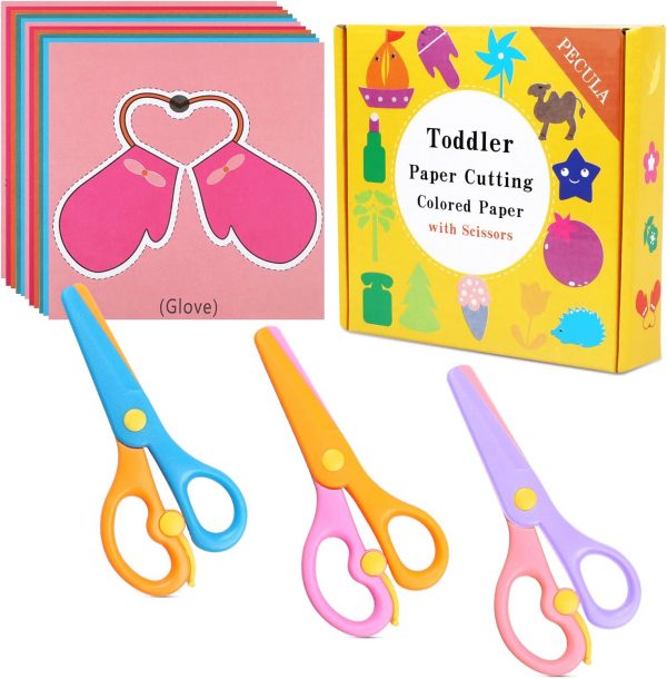 Elm Mart Safety Scissors For Toddler, Kids, Children - Plastic, Dual-Color Preschool Training Scissors(3 Pack), Paper Cutting(96 Pcs) Set For Paper Craft Supplies