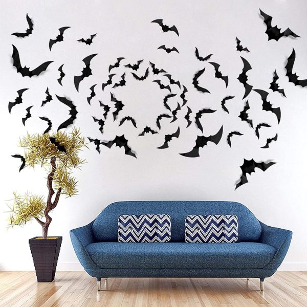 Elm Mart 88 Pcs Halloween Decorations Indoor PVC 3D Scary Bats Wall Decor DIY Halloween Bat Decoration Stickers for Home Decor Bathroom Indoor Party Supplies