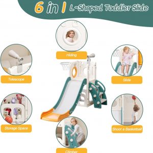 Elm Mart 6 in 1 Toddler Slide for Toddlers Age 1-3, Extra-Long Slide with Basketball Hoop Indoor and Outdoor Baby Climber Playset Playground Freestanding Slide (White+Orange)