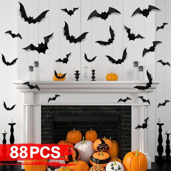 Elm Mart 88 Pcs Halloween Decorations Indoor PVC 3D Scary Bats Wall Decor DIY Halloween Bat Decoration Stickers for Home Decor Bathroom Indoor Party Supplies