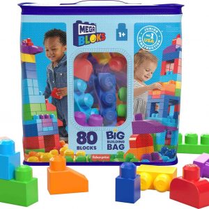 Elm Mart Mega Bloks First Builders Toddler Blocks Toys Set, Big Building Bag with 80 Pieces and Storage, Blue, Ages 1+ Years