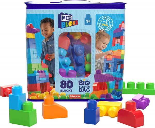 Elm Mart Mega Bloks First Builders Toddler Blocks Toys Set, Big Building Bag with 80 Pieces and Storage, Blue, Ages 1+ Years