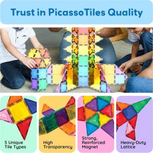 Elm Mart PicassoTiles 100 Piece Magnetic Playboards Tiles Set Magnet Toys for Toddlers STEM Building Blocks Sensory Creative Kids Manipulative Preschool Learning Construction Toy Ages 3+ Boys Girls - PT100