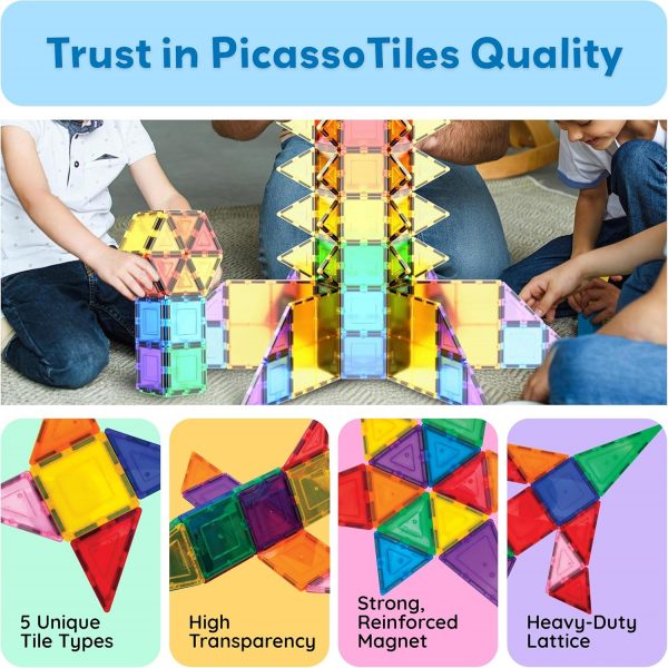 Elm Mart PicassoTiles 100 Piece Magnetic Playboards Tiles Set Magnet Toys for Toddlers STEM Building Blocks Sensory Creative Kids Manipulative Preschool Learning Construction Toy Ages 3+ Boys Girls - PT100