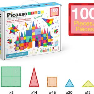 Elm Mart PicassoTiles 100 Piece Magnetic Playboards Tiles Set Magnet Toys for Toddlers STEM Building Blocks Sensory Creative Kids Manipulative Preschool Learning Construction Toy Ages 3+ Boys Girls - PT100