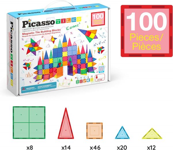 Elm Mart PicassoTiles 100 Piece Magnetic Playboards Tiles Set Magnet Toys for Toddlers STEM Building Blocks Sensory Creative Kids Manipulative Preschool Learning Construction Toy Ages 3+ Boys Girls - PT100