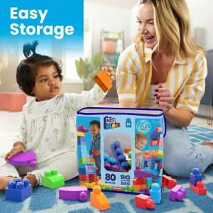 Elm Mart Mega Bloks First Builders Toddler Blocks Toys Set, Big Building Bag with 80 Pieces and Storage, Blue, Ages 1+ Years