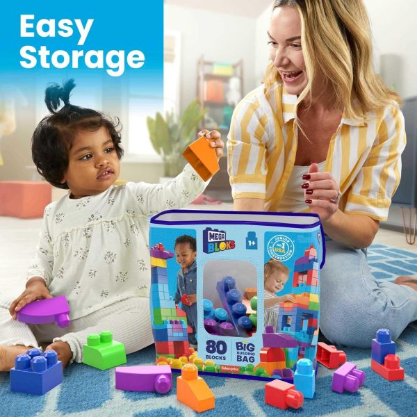 Elm Mart Mega Bloks First Builders Toddler Blocks Toys Set, Big Building Bag with 80 Pieces and Storage, Blue, Ages 1+ Years