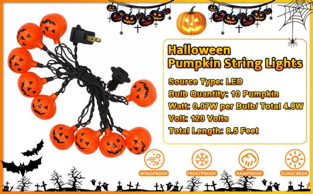 Elm Mart Halloween Pumpkin String Lights, 8.5 Ft Halloween String Lights with 10 LEDs Jack O Lantern Pumpkin Lights Orange Halloween Lights for Indoor Outdoor Party Halloween Decor