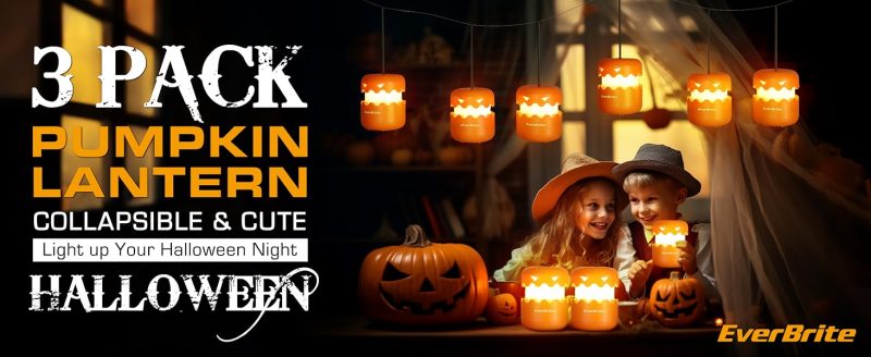 Elm Mart EverBrite 3-Pack Halloween Pumpkin Lantern, Collapsible Jack O Lantern Pumpkins with Lanyard, Halloween Party Favors for Kids, Light up Pumpkin Outdoor for Halloween Party Decoration