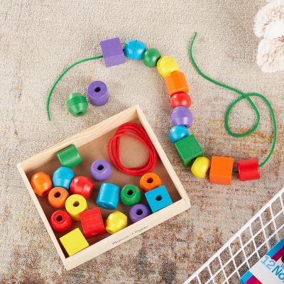 Elm Mart Melissa & Doug Primary Lacing Beads - Educational Toy With 30 Wooden Beads and 2 Laces Beads For Toddlers, Fine Motor Skills Lacing Toys For Toddlers And Kids Ages 3+