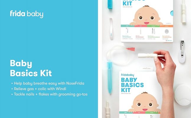 Elm Mart Frida Baby Basics Kit, Baby Essentials Kit Includes Nasal Aspirator Snotsucker, NailFrida Nail Files, Windi Gas Relief, DermaFrida Bath Brush + Silicone Carry Case